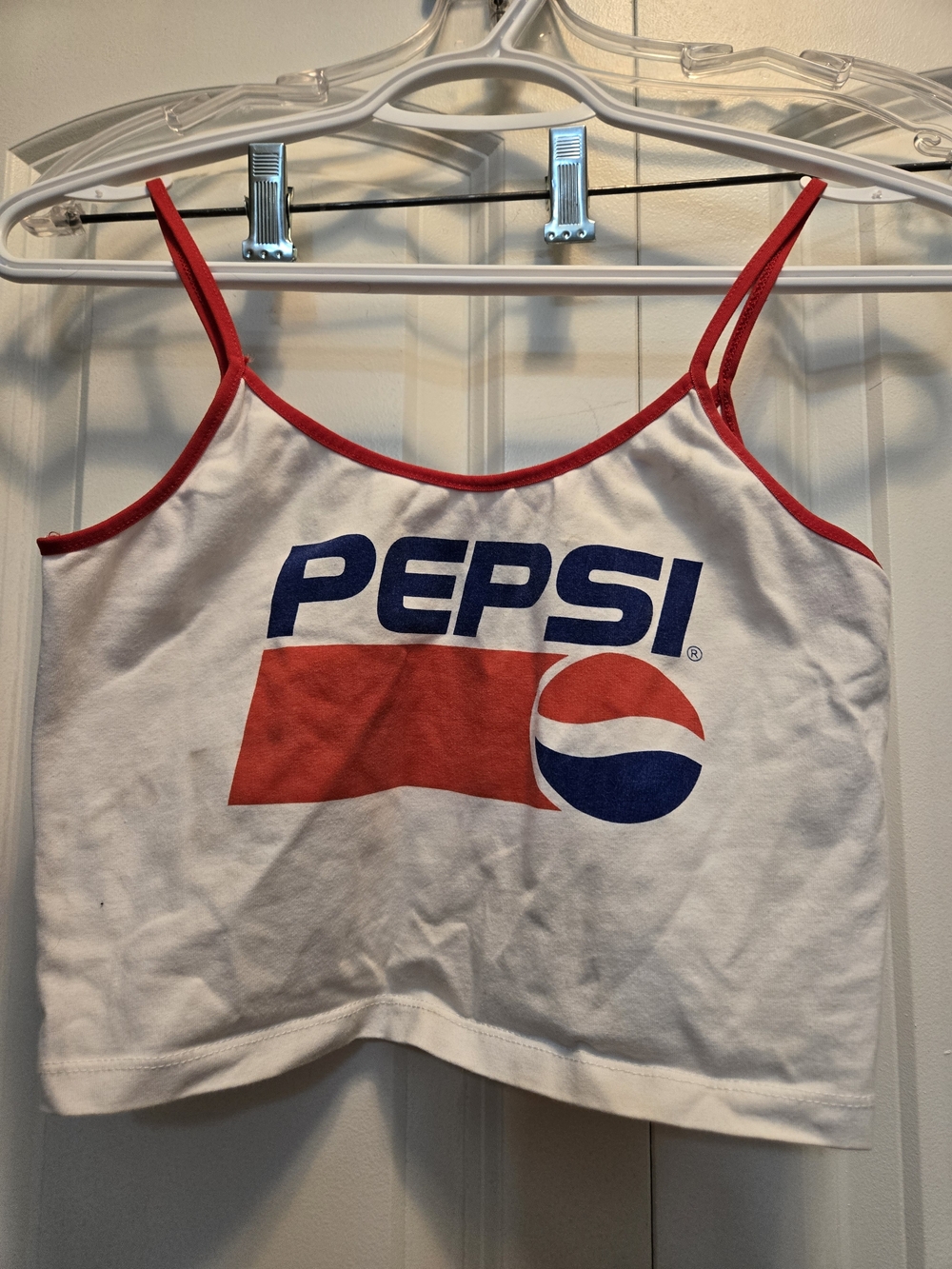 Pepsi Women's White Cropped Tank with Red Trim and Blue Logo